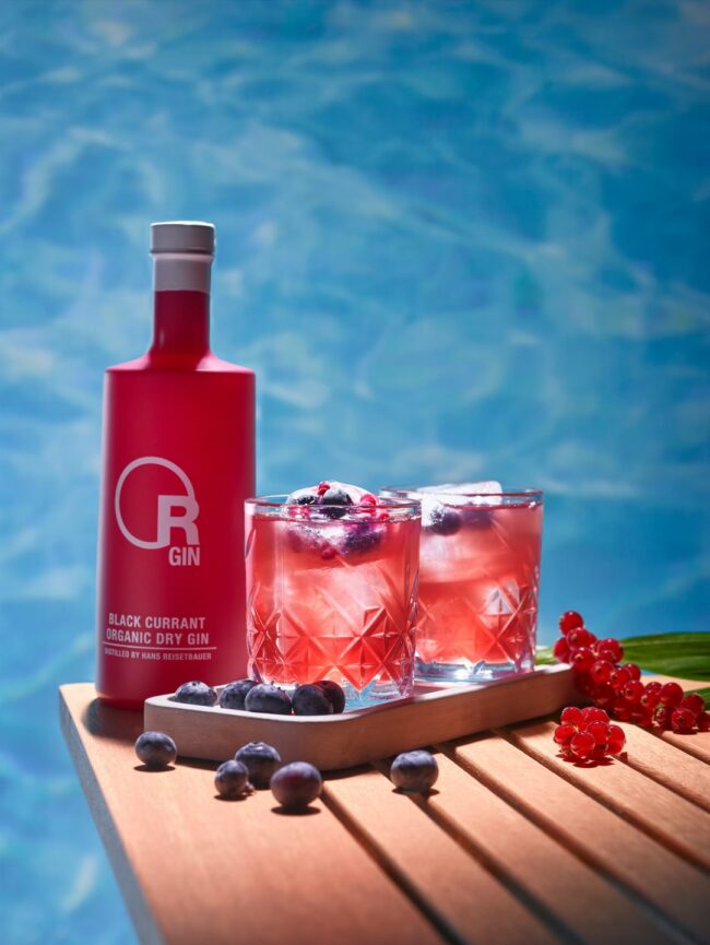 Gin Flasche mit Glaeser, Pool im Hintergrund