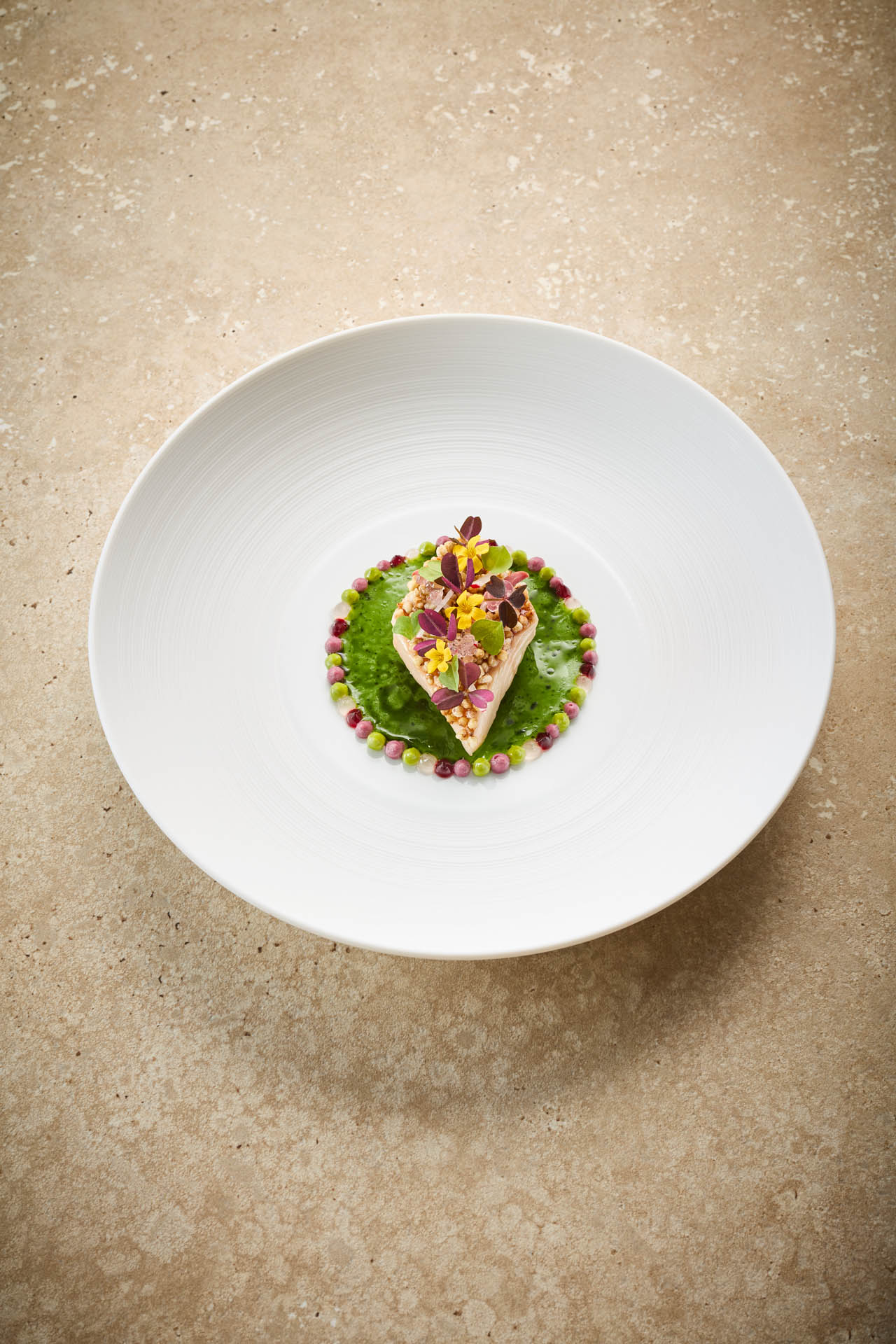 Ikarus Team, guest chef August 2025, food, cookbook, Restaurant Ikarus, Hangar-7, Salzburg, Austria, 2025.08.19, Bookazine Volume 1 / Ikarus Team, Gastkoch August 2025, Gericht, Kochbuch, Restaurant Ikarus, Hangar-7, Salzburg, Österreich, 2025.08.19, Bookazine Volume 1, Seeforelle, Kopfsalat, Timut Pfeffer, Lattich, Oxalis